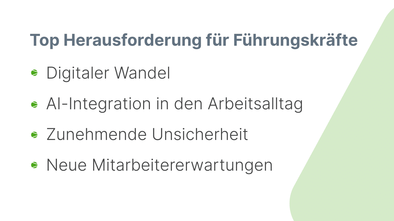 Leadership Consulting für nachhaltige Unternehmensentwicklung 1 Infografik zeigt die Top Herausforderungen für Führungskräfte: Digitalisierung, Komplexität, Mitarbeitererwartungen, Wandel und globale Vernetzung.